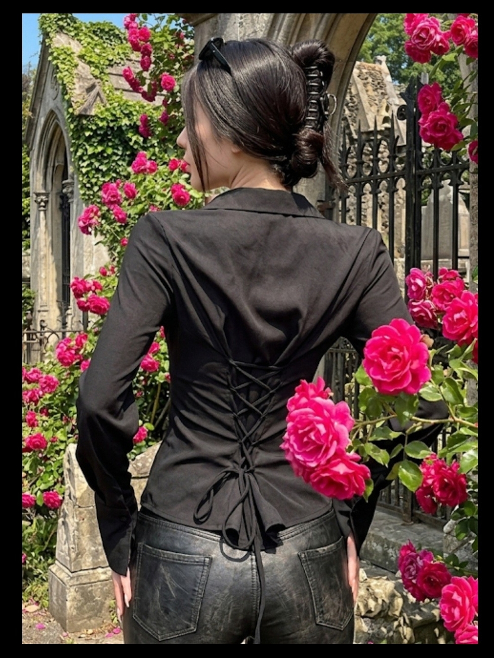 Black Lace-Up Back Button-Down Shirt